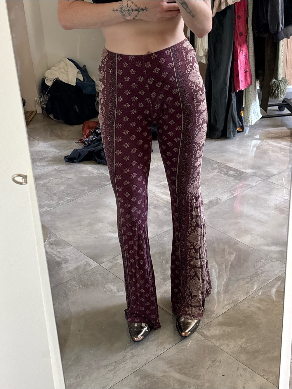High-Waist Burgundy Patterned Flare Pants
